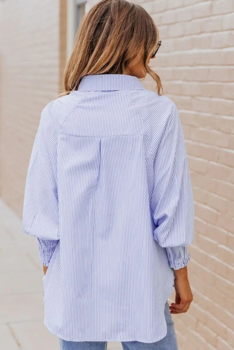 Sky Blue Smocked Cuffed Striped Boyfriend Shirt with Pocket - Love Salve